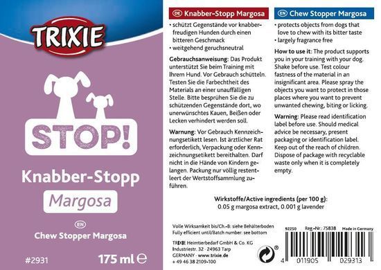 Корекція поведінки собак Засіб Trixie Stop! для котів і собак для відлякування від погризів спрей 175 мл