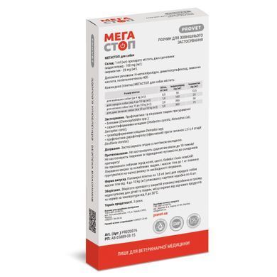 Краплі на холку ProVET &laquo;Мега Стоп&raquo; для собак від 4 до 10 кг, 4 піпетки (від зовнішніх та внутрішніх паразитів)