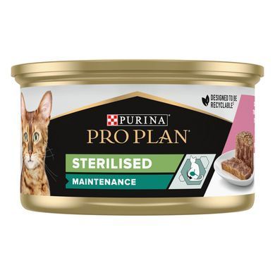 Вологий корм PRO PLAN Sterilised для дорослих стерилізованих котів, шматочки у паштеті, з тунцем та лосось, 85 г