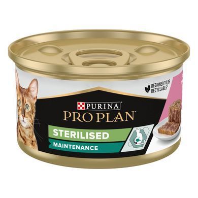 Вологий корм PRO PLAN Sterilised для дорослих стерилізованих котів, шматочки у паштеті, з тунцем та лосось, 85 г