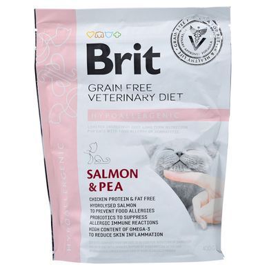 Сухий корм Brit GF VetDiet Cat Hypoallergenic для котів, з харчовою алергією та непереносимістю, з лосось та горохом, 400 г