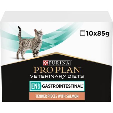 Лікувальні дієти для котів Вологий дієтичний корм PRO PLAN VETERINARY DIETS EN Gastrointestinal для кошенят та дорослих котів для зменшення розладів кишкової абсорбції та годівлі у період відновлення, одужання, з лосось, 10х85 г