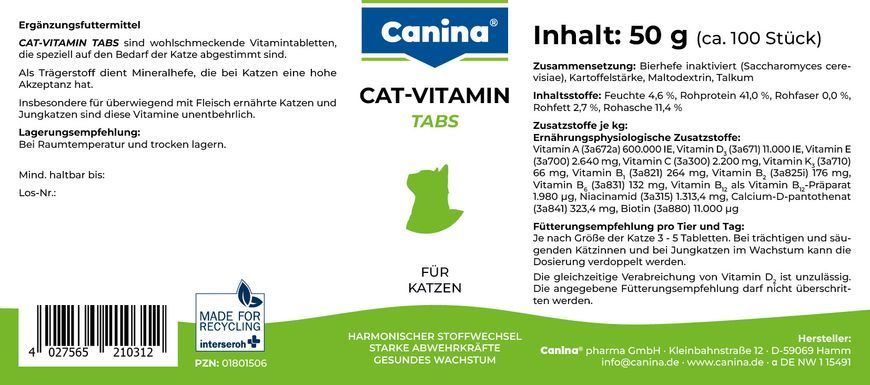 Вітаміни Canina Cat-Vitamin Tabs для котів, вітамінний комплекс, 50 г (100 табл)
